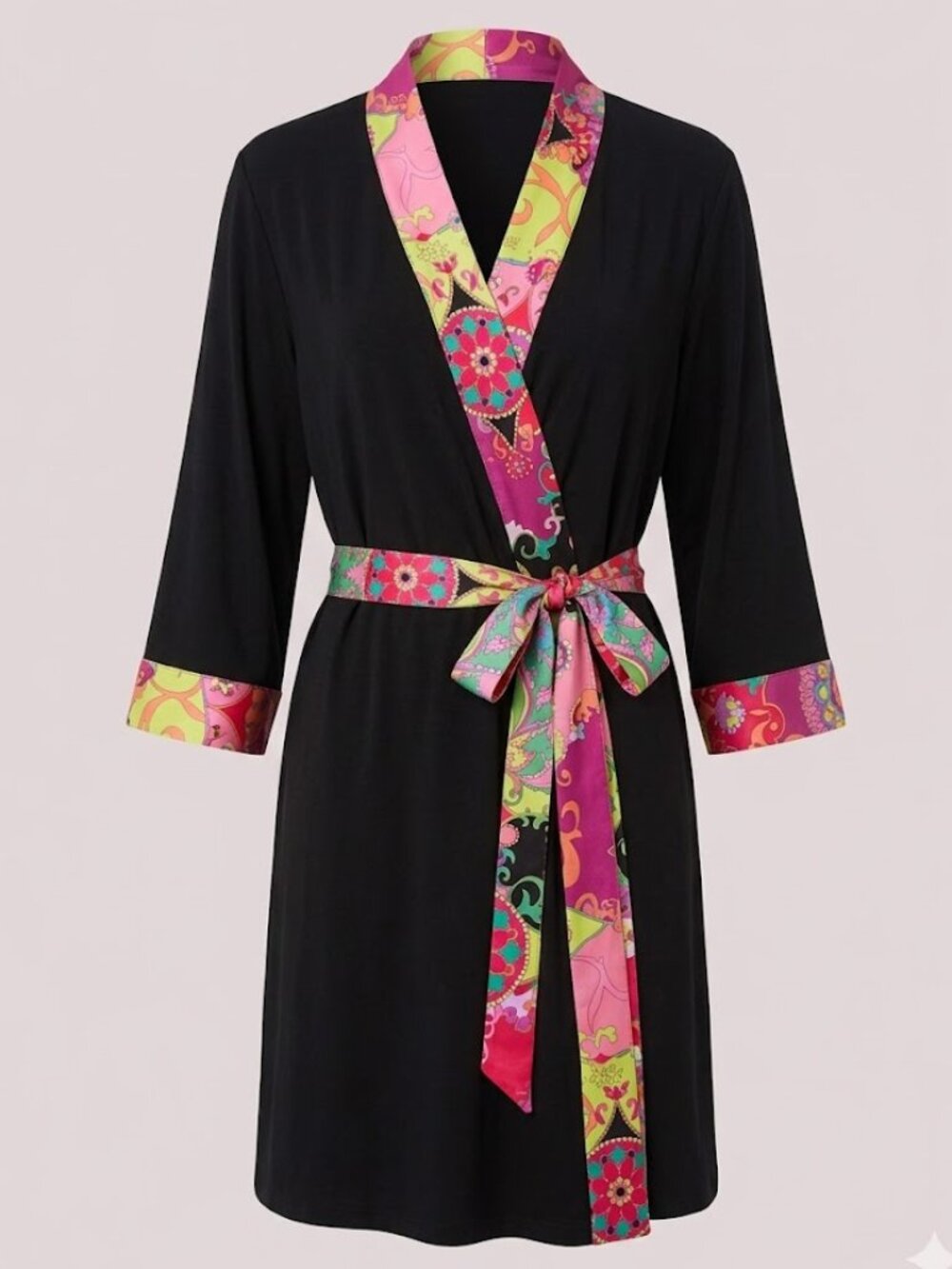 Josie Natori Black Tropical Floral Robe Sz. Small Wrap Kimono Style NWT